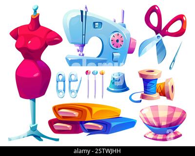 Tailor equipment set isolated on white background. Vector cartoon illustration of sewing machine, needles and pins, threads, scissors, rolled textile, thimble, mannequin, fashion design items Stock Vector