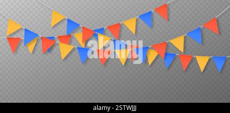 Colorful triangle flag garlands - festive bunting with red, blue and yellow pennants on white string with shadows. 3d party decorative banners for birthday celebration, carnival or fun fair events. Stock Vector