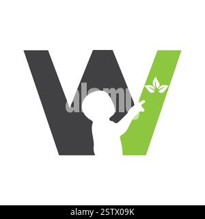 Initial Letter W Baby and Eco Leaf Symbol For Kinds Logo Design Stock Vector