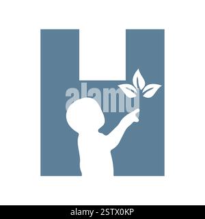 Initial Letter H Baby and Eco Leaf Symbol For Kinds Logo Design Stock Vector