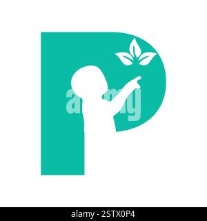 Initial Letter P Baby and Eco Leaf Symbol For Kinds Logo Design Stock Vector
