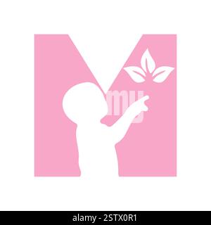 Initial Letter M Baby and Eco Leaf Symbol For Kinds Logo Design Stock Vector