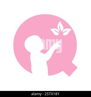 Initial Letter Q Baby and Eco Leaf Symbol For Kinds Logo Design Stock Vector