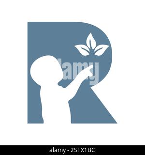 Initial Letter R Baby and Eco Leaf Symbol For Kinds Logo Design Stock Vector