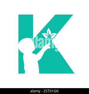 Initial Letter K Baby and Eco Leaf Symbol For Kinds Logo Design Stock Vector