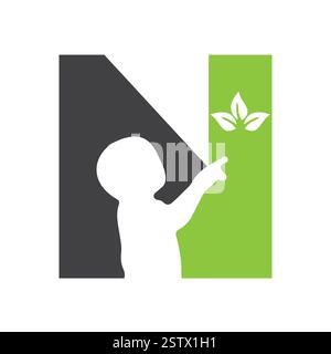 Initial Letter N Baby and Eco Leaf Symbol For Kinds Logo Design Stock Vector
