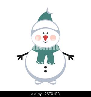 Snowman in scarf and hat flat icon for winter holidays. Mascot vector Flat design . Stock Vector