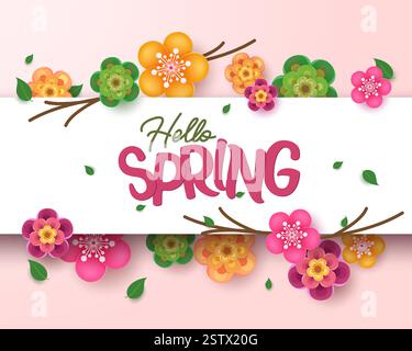 Hello spring text vector template design. Spring hello greeting typography in frame white space with colorful and blooming flowers in water color Stock Vector