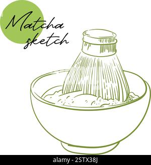 Matcha tea vector sketch drawing. Bowl with matcha powder, and bamboo whisk sketch. Hand-drawn Asian drink elements in a outline style Stock Vector