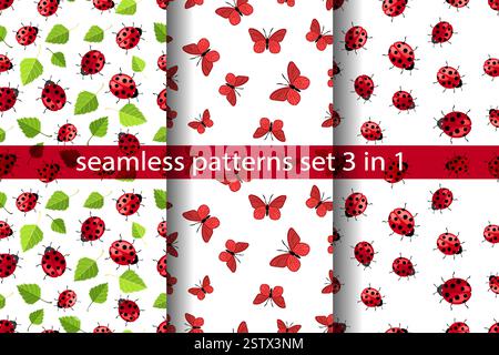 Seamless vector patterns featuring ladybugs and butterflies on a white background for textile design and decor Stock Vector