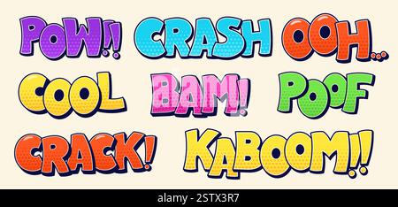 Speech bubbles pack with Ooh Crack Bam Cool worlds and halftone elements. Color cartoon comic illustrations. Stock Vector