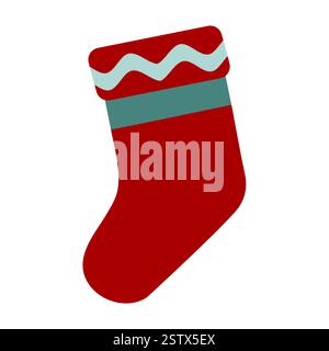 Red sock with green simple ornament flat icon vector illustration. Stock Vector