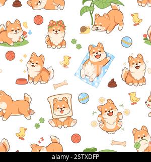 Kawaii shiba inu seamless pattern. Funny puppies, little dogs, cute pets, japaneses breed, repeated kids mascot. Decor textile, wrapping, wallpaper Stock Vector