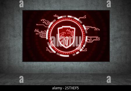 Digital shield with lock and mother board hologram on virtual screen. Storage of personal data concept. 3d rendering Stock Photo