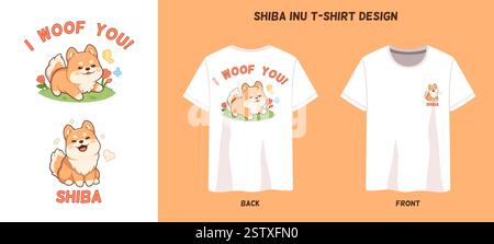 Funny dog t shirt print. Fluffy shiba inu pet character, happy animal mascot, clothes design, cartoon kawaii akita puppy, comic isolated illustration Stock Vector