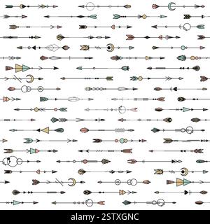 Decorative arrows seamless pattern. Repeated tribal native american elements, different plumage, ethnic ornaments. Decor textile, wrapping, wallpaper Stock Vector