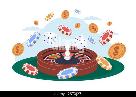 Casino concept. Roulette wheel and flying chips with poker symbol, golden coins falling. Gambling equipment. Fortune and lucky game, winning money Stock Vector