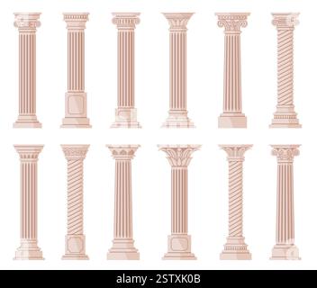 Cartoon ancient columns. Different orders pillars, antique classic supports for buildings, marble architectural elements, Greek order decorative Stock Vector