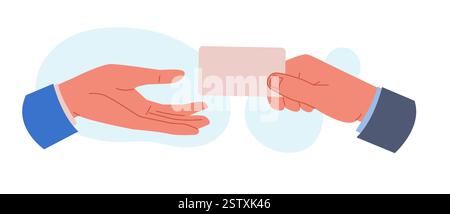 Businessman handing business card partner. Blank empty white paper. Empty label. Advertisement flyer in hand. Template for presentation. Cartoon flat Stock Vector