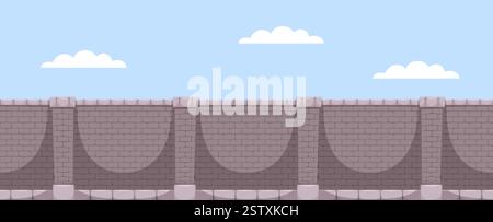 Brick wall. Facade of castle or old palace. Stone pattern and blue sky with clouds. Concrete and clay. Building material. Graphic background design Stock Vector
