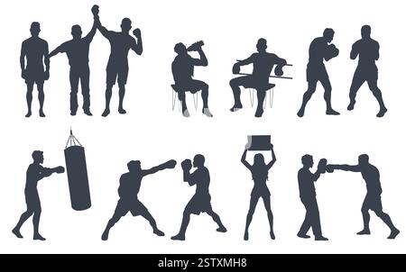 Boxer silhouette set. Professional boxers, men sparring, sport championship and competition. Kickboxing tournament. Strong fighter in gloves. People Stock Vector