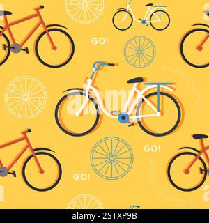 Bicycles seamless pattern. Mechanical eco friendly transport, two wheeled bikes, city cycles, active recreation, sports. Decor textile, wrapping Stock Vector