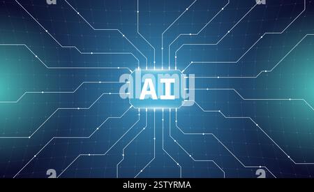 Futuristic AI technology banner. Microchip and neural network connections. Artificial intelligence and machine learning modern digital style illustration. Chatbot development or cyber innovation. Stock Vector