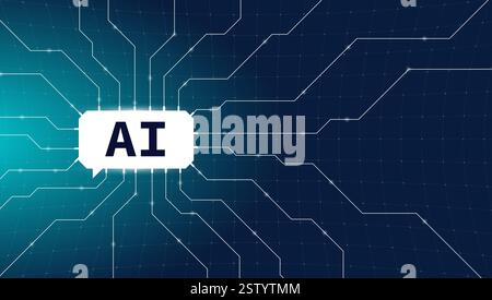 Futuristic AI background featuring abstract circuit board, microchip and digital network. Vector illustration with cyber technology, machine learning and innovation concept in modern blue design. Stock Vector