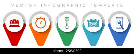 Workshop pointer collection, miscellaneous icons such as battery, timer, piston, car cleaning and phone service, flat design vector infographic templa Stock Vector