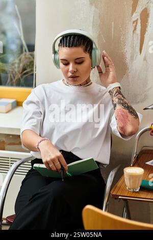 A beautiful young woman immersed in her favorite tunes while jotting down thoughts at a cafe. Stock Photo