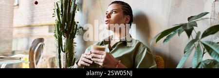 Relaxing in a cafe, a young woman sips her coffee while contemplating her day. Stock Photo