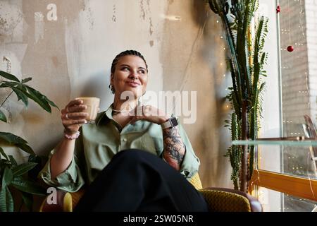Delightful atmosphere as a young woman sips her drink, exuding confidence and style in the cafe. Stock Photo