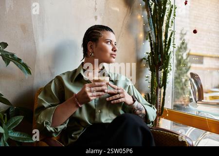 In a tranquil cafe, a young woman sips coffee while gazing thoughtfully out the window. Stock Photo