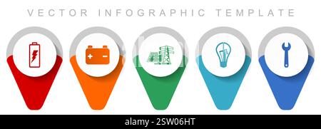 Power and energy pointer collection, miscellaneous icons such as battery, solar power, light bulb and tool, flat design vector infographic template in Stock Vector