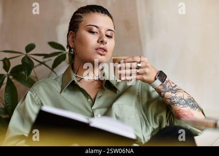 Relaxing at the cafe, a young woman sips coffee while reading a captivating book. Stock Photo