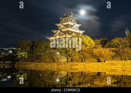 Hiroshima Castle, which was lit up at night in Hiroshima City Central Park in Hiroshima City, Hiroshima Prefecture, Japan Stock Photo