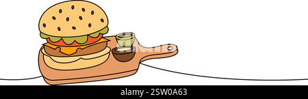 Burger on wooden board one line colored continuous drawing. Traditional American fast food. Stock Vector