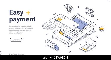 Easy payment modern isometric line art web banner template. Payment terminal with a credit card, coins, and transaction details, visually showcasing t Stock Vector