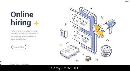 Modern online hiring web banner featuring isometric design elements. It highlights an application process using icons representing candidates and comm Stock Vector