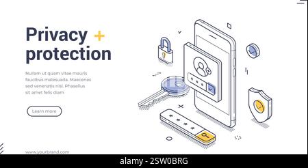 Smartphone displaying user authentication, a key, and security elements like locks and shields, digital security and access control. Modern isometric Stock Vector