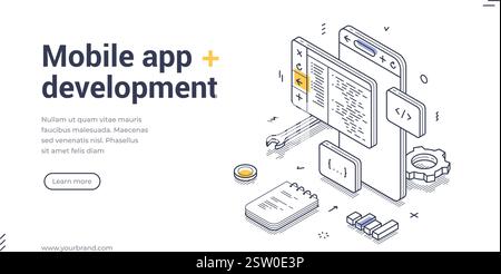 Mobile app development web banner features a detailed isometric line art design. Icons and elements like coding screens and tools, emphasizing modern Stock Vector