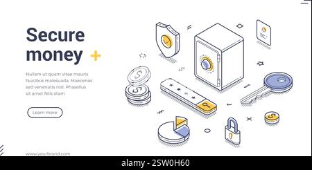 Secure money isometric line art web banner, landing page template depicting elements of security, finance, and data protection in a digital environmen Stock Vector
