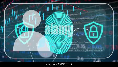 Image of person, padlock and fingerprint icons over processing data Stock Photo