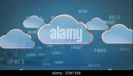 Image of clouds and numbers over blue background Stock Photo