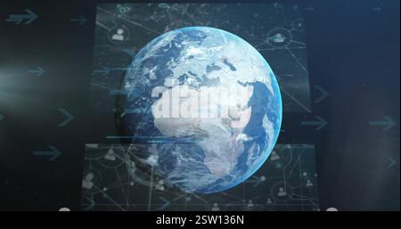 Image of arrows and data processing on interface screens over globe in night sky Stock Photo