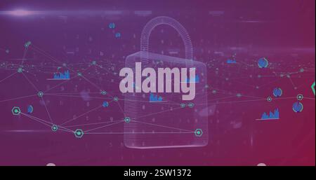 Image of padlock, icons and data processing over network of connections Stock Photo