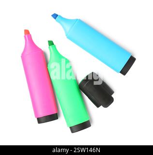 Bright highlighters isolated on white, top view Stock Photo