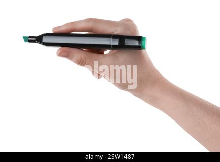 Woman with double sided marker on white background, closeup Stock Photo