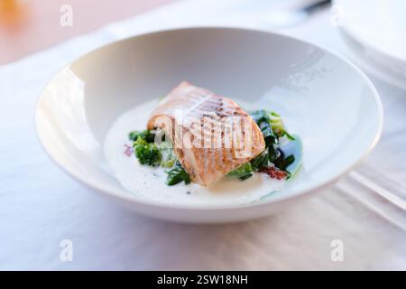 Pan seared salmon fillet served with creamy sauce and sautéed greens Stock Photo