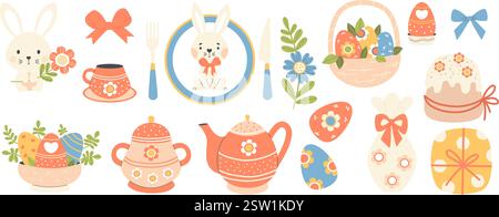 Easter spring decoration set. Cute holiday bunny with flower, paschal eggs, tableware teapot, cups, sugar bowl, food, vase and gift. Isolated festive Stock Vector